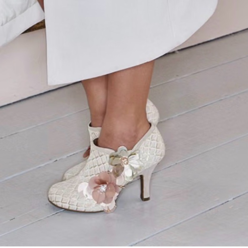 Ruby Shoo Chiffon Floral Accent Cream High-Heel Booties - Women’s 8